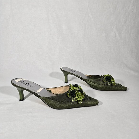 Vintage Y2K Hipster Fairy Hunter Green Floral Beaded Pointed Toe Mules Size 11M. - Picture 1 of 17